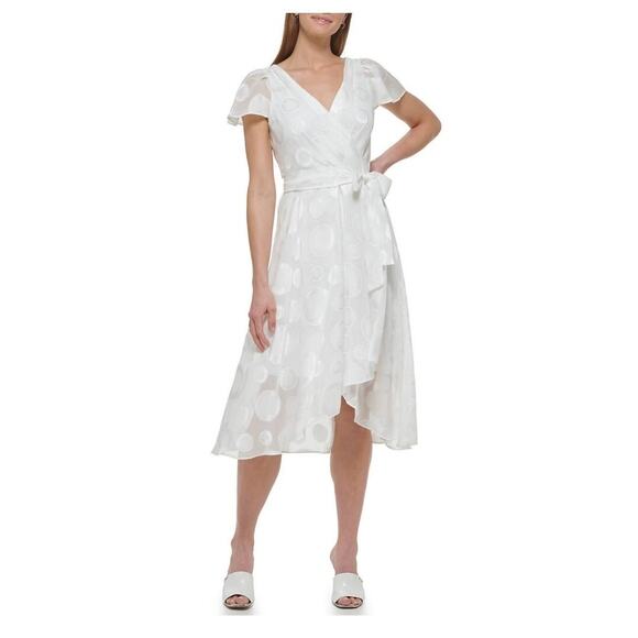 DKNY Women's 4 White Chiffon Wrap Midi Dress Flutter Sleeve Party Wedding F12-11 - Picture 1 of 15